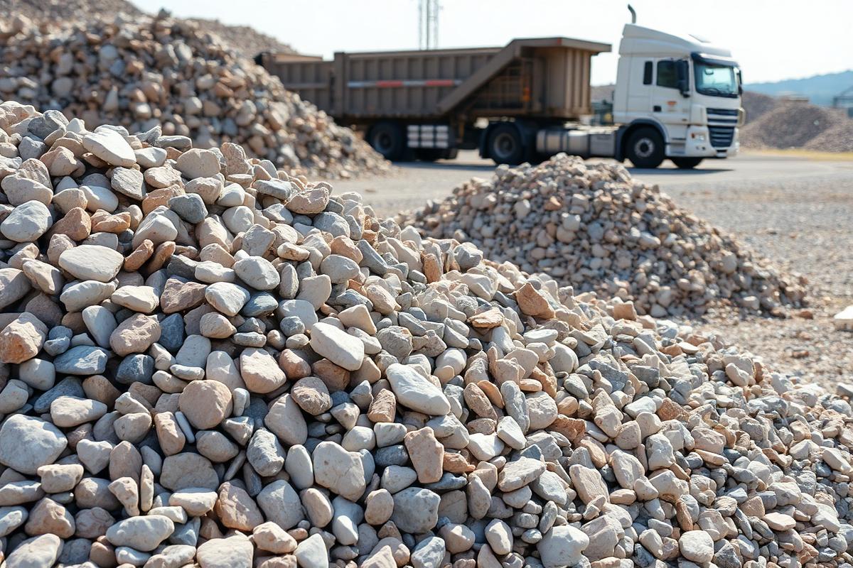 Graded landscaping stone and pebbles stacked at a stone yard with a dispatch truck